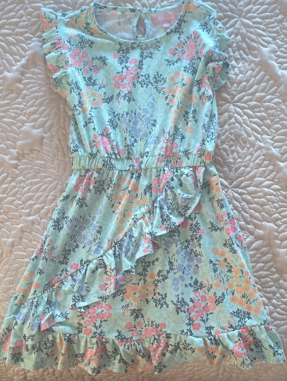 BCBG Girls Mint Floral Ruffle Casual Dress with Pink & Lavender Flowers